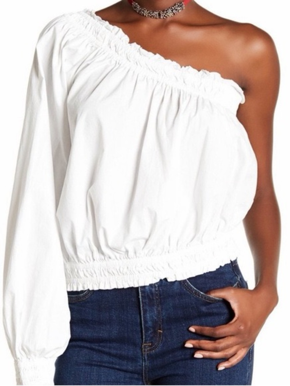 Free People One-Shoulder White Smocked Waist Top size Small